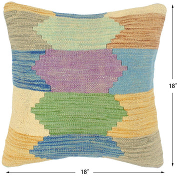 handmade Modern Pillow Blue Beige Hand-Woven SQUARE 100% WOOL  Hand woven turkish pillow  2 x 2